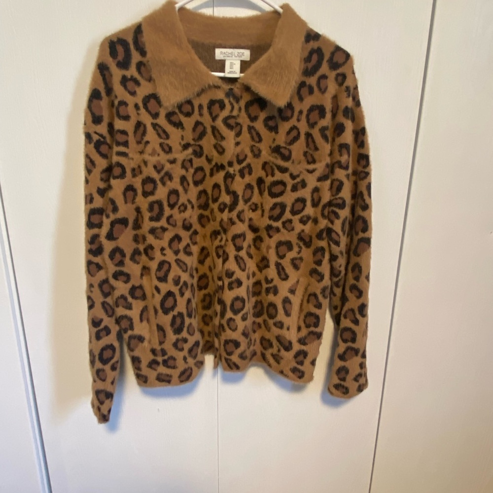 Rachel Zoe Large Leopard Print Snap Up Sweater